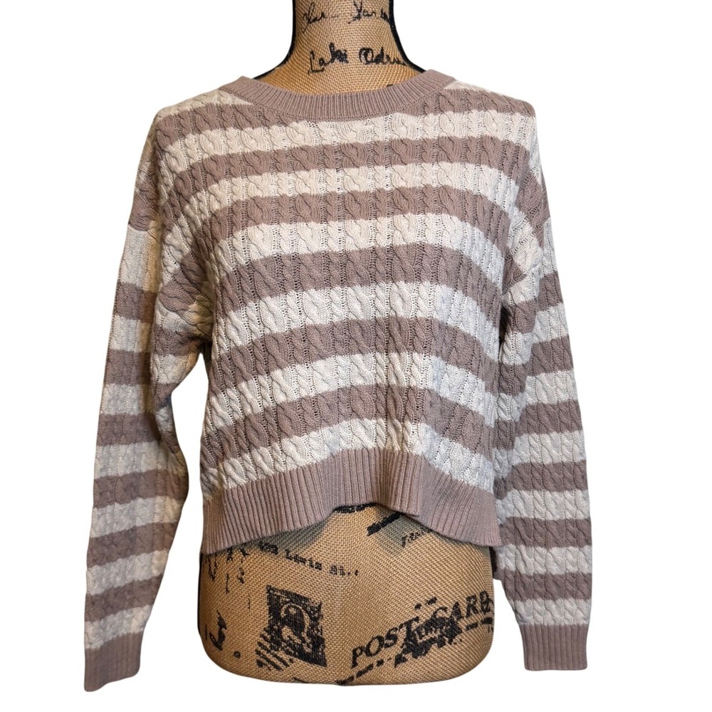 Sage +‎ Stone Womens Striped Cable Knit Preppy Pullover Sweater Tan White Small